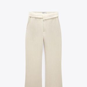 Zara Beige Contrast Waist Linen Blend Wide-Leg Pants L